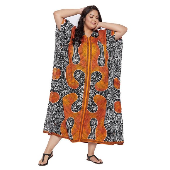 Gypsie Blu Full Length Brown Tribal Kaftan Polyester Maxi Dress Beach Cover Up - Picture 3 of 9